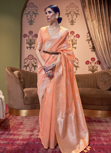 Stunning Orange Color Linen Weaving Work Saree For Ladies